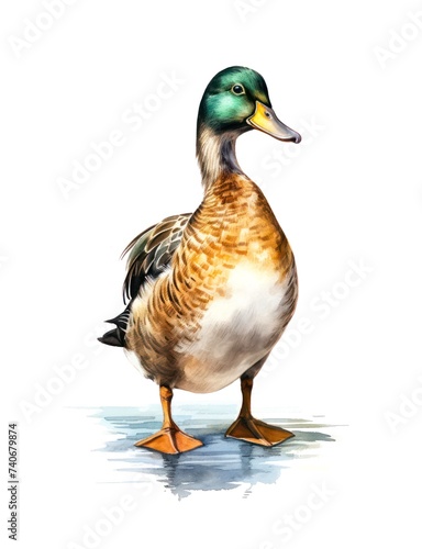 Watercolor illustration of a male mallard duck isolated on white background.