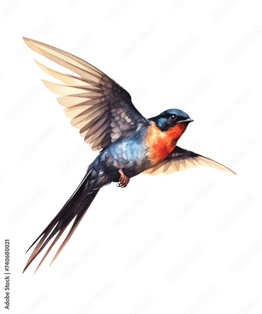 Watercolor illustration of a flying swallow bird isolated on white background.