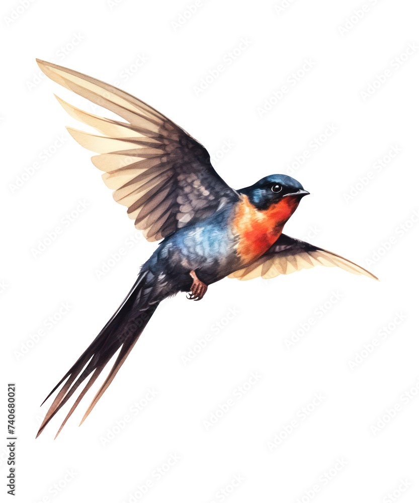 Fototapeta premium Watercolor illustration of a flying swallow bird isolated on white background.