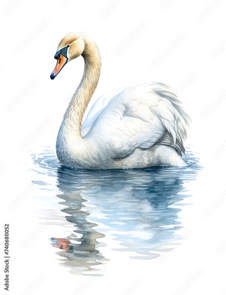 Fototapeta premium Watercolor illustration of a mute swan swimming in the water isolated on white background.