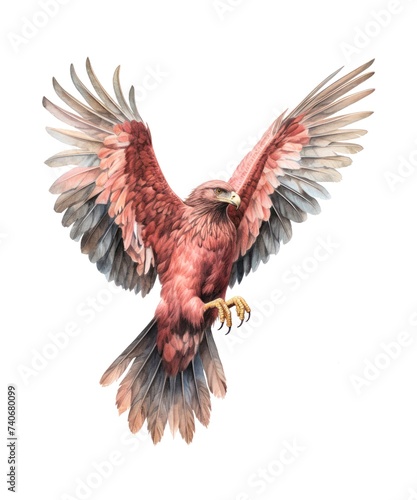 Watercolor illustration of a flying hawk bird isolated on white background.