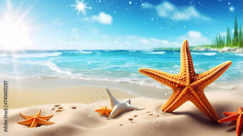 Starfish background, peaceful coast scene with gentle waves © ma