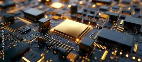 Macro close up of computer circuit board with electronic components technology background