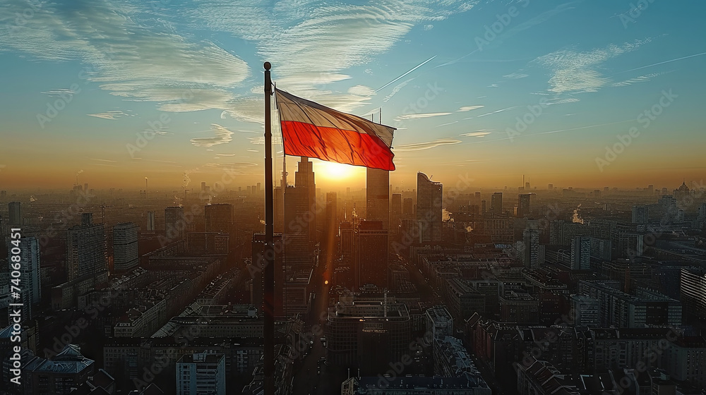 The flag of Poland on the background of the sunset. - obrazy, fototapety, plakaty 