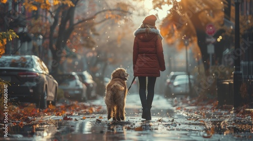 A girl happily walking dog the streets on a big city. 