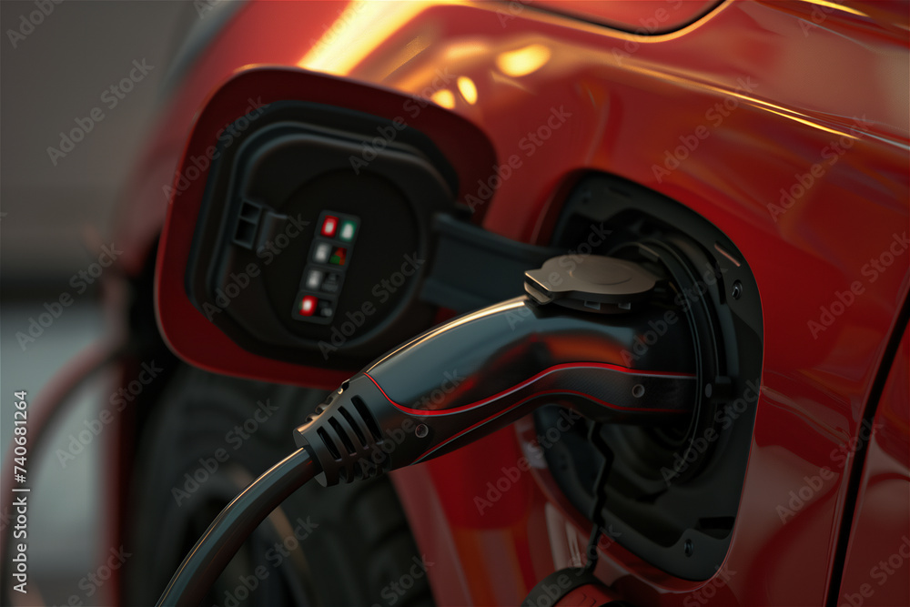 Close-up shot of a detail of the cable of an electric charger on a car Close-up shot of a detail of the cable of an electric charger on a car