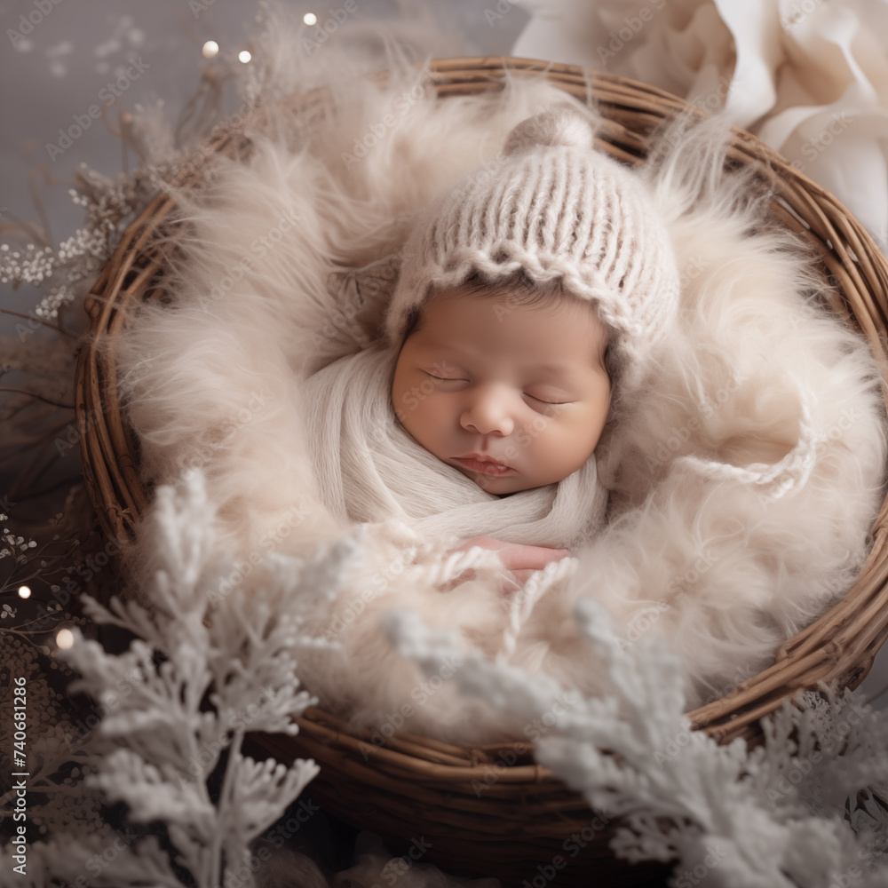 newborn baby in a fluffy basket newborn baby in a fluffy basket