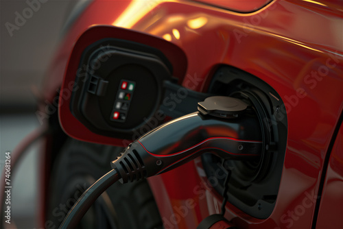 Close-up shot of a detail of the cable of an electric charger on a car