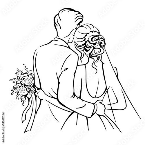 Bride and groom Line Art. Back view. Wedding silhouette figures of newlyweds. Heart Shape  Vector illustration
