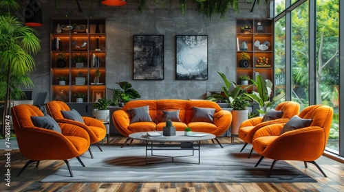 Interior of a modern gray living room with fashionable upholstered furniture in orange tones, paintings and large indoor plants