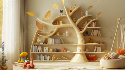 Children's interior with tree-shaped bookshelves. Storage concept. Pastel beige colors. Generative AI photo