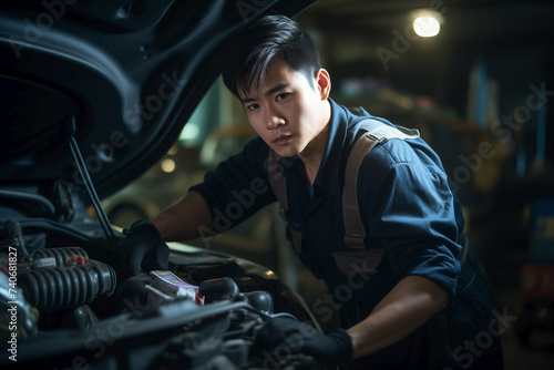 Male Asian mechanic fixing a car at Car Service.