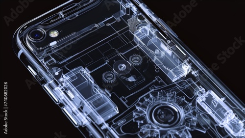X-ray vision of a mobile phone showing intricate internal gears