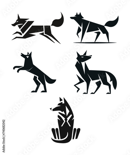 Collection of silhouettes of wolves, carnivorous wild animal set isolated in white background 