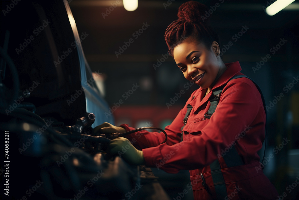 Woman African American mechanic working on a car at Car Service.