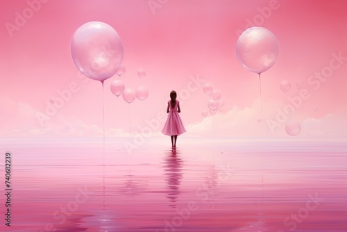 Fantasy scene with futuristic human character , Beautiful girl on a pink fantasy landscape 