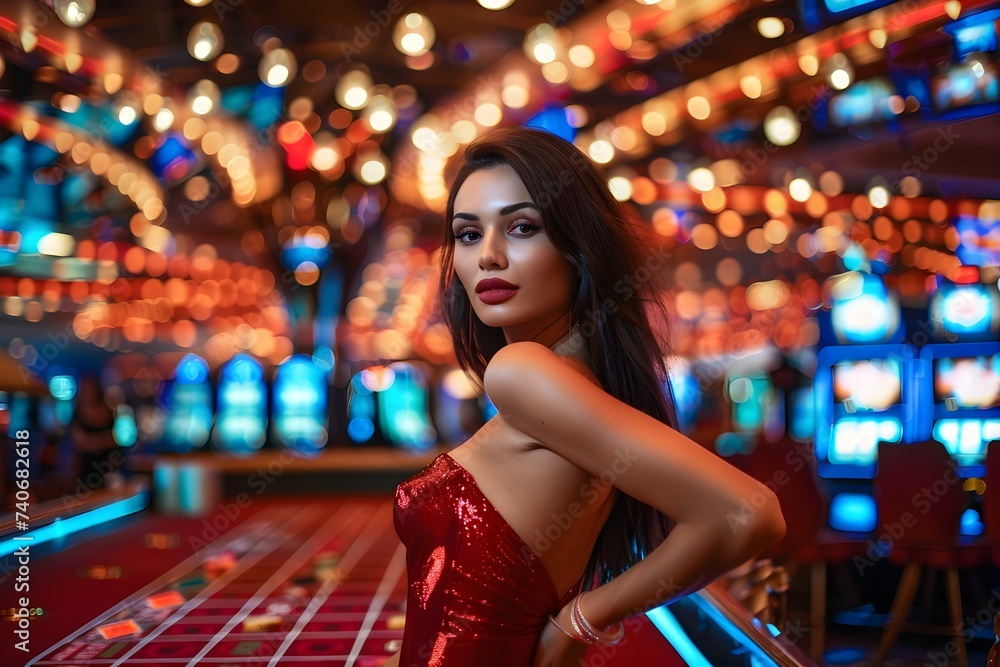 Stylish brunette woman in formal attire posing at a casino. Concept Casino Fashion, Stylish Woman, Formal Attire, Brunette, Posing