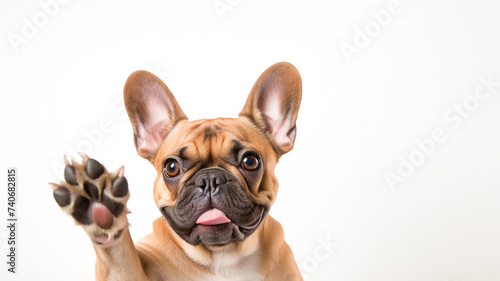 Happy cute french bulldog smiling and giving a high five isolated on white background.