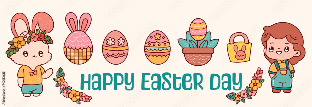 Hello Easter cute bunny child spring and summer flowers illustration Hello Easter cute bunny child spring and summer flowers illustration