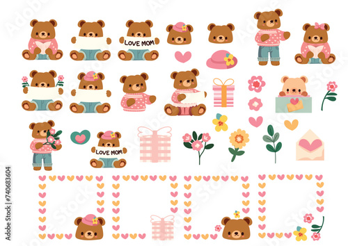 Fototapeta Naklejka Na Ścianę i Meble -  Mother's Day with our heartwarming collection  hand-drawn illustrations. Each image features adorable baby bears expressing their love for mom, surrounded by flowers 