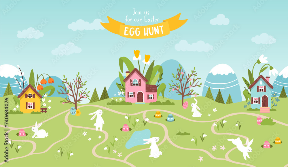Cute Easter Egg hunt design for children, hand drawn with cute bunnies, eggs and decorations - great for party invitations, banners, wallpapers - vector Cute Easter Egg hunt design for children, hand drawn with cute bunnies, eggs and decorations - great for party invitations, banners, wallpapers - vector