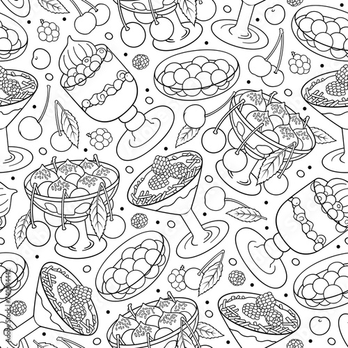 Funny desserts and sweets with berries seamless pattern. Cartoon hand drawn line art food illustration.