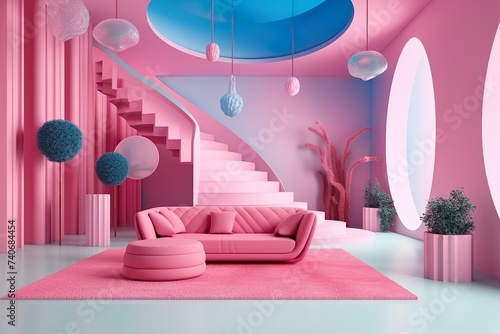 Living room Pink Interior With Pink Background Pink color   