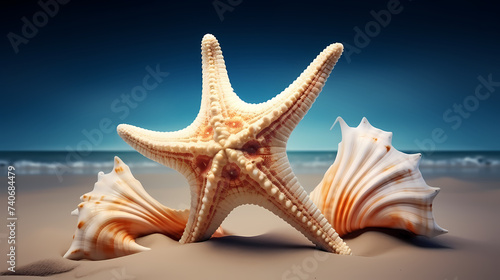 Vacation in tropical resort, sea shells and starfish background © ma