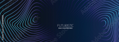 background in futuristic data technology. Halftone waves with dots. flowing dots on a dark blue backdrop. Particles of digital waves in abstraction. Background for an abstract halftone illustration