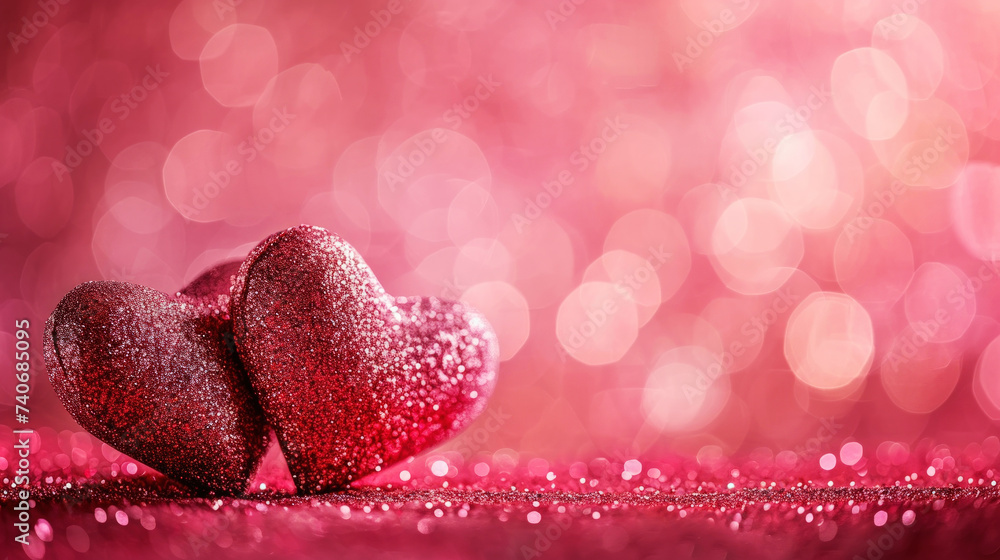 Fototapeta premium Two sparkling glitter hearts on blurred pink background. Valentine's day. Copy space. Romantic concept. Generative AI.
