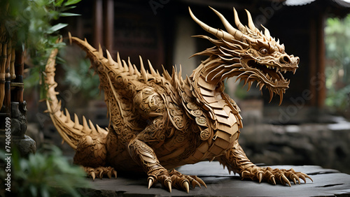 Wooden chinese dragon statue in fronts of the castle 