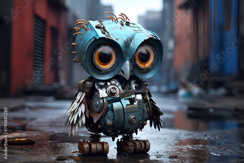 The sculpture of owl made up of scrap metal standing in the street, style of destroyed gadgets sculptures, industrial machinery aesthetics, apocalyptic collage, ecology and recycle concept