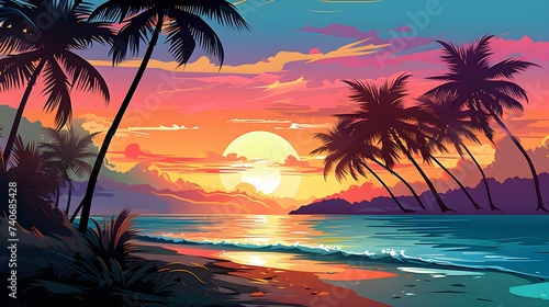 illustration of beach in sunset with colorfully design © ndoy