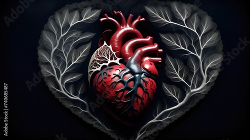 A detailed anatomical illustration of a human heart suspended in the darkness. photo