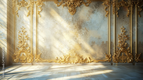 Classic luxury interior wall with mouldings, golden decoration details, faded floral baroque. Copy space. Generative AI photo