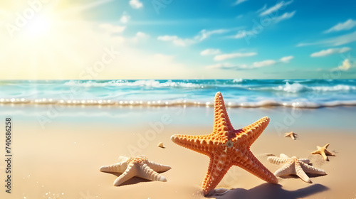 Vacation in tropical resort  sea shells and starfish background