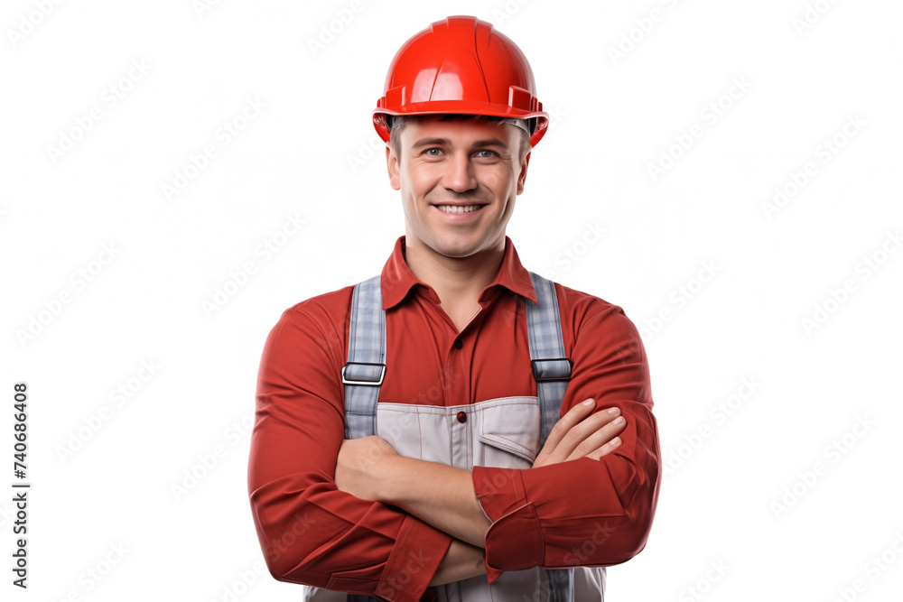 smiling happy man worker in bright red helmet, arms crossed on chest, isolated on white background smiling happy man worker in bright red helmet, arms crossed on chest, isolated on white background