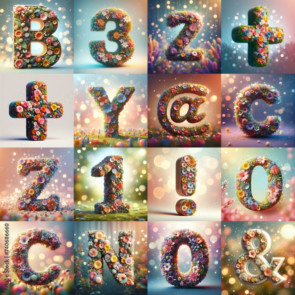 Fototapeta premium Spring flowers 3D Lettering Typeface. AI generated illustration