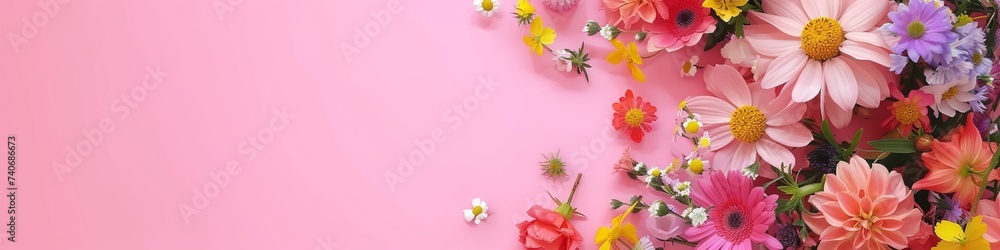 wreath of flowers on a pink background.