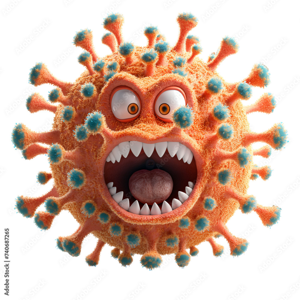 Isolated 3d cartoon bacteria, funny microbe and virus, cute microorganism on a white background. A parody, a caricature. The illustration is isolated on a transparent background.