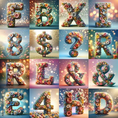 Spring flowers 3D Lettering Typeface. AI generated illustration