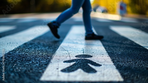 Man in jeans walking across a zebra crossing, Pedestrian crossing. crossing sign