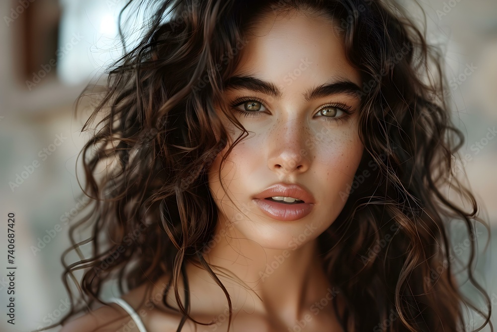 Model showcasing beautiful curly hairstyle with stunning shiny wavy hair. Concept Curly Hairstyle, Shiny Waves, Hair Model, Beauty Photography, Fashion Photoshoot Model showcasing beautiful curly hairstyle with stunning shiny wavy hair. Concept Curly Hairstyle, Shiny Waves, Hair Model, Beauty Photography, Fashion Photoshoot