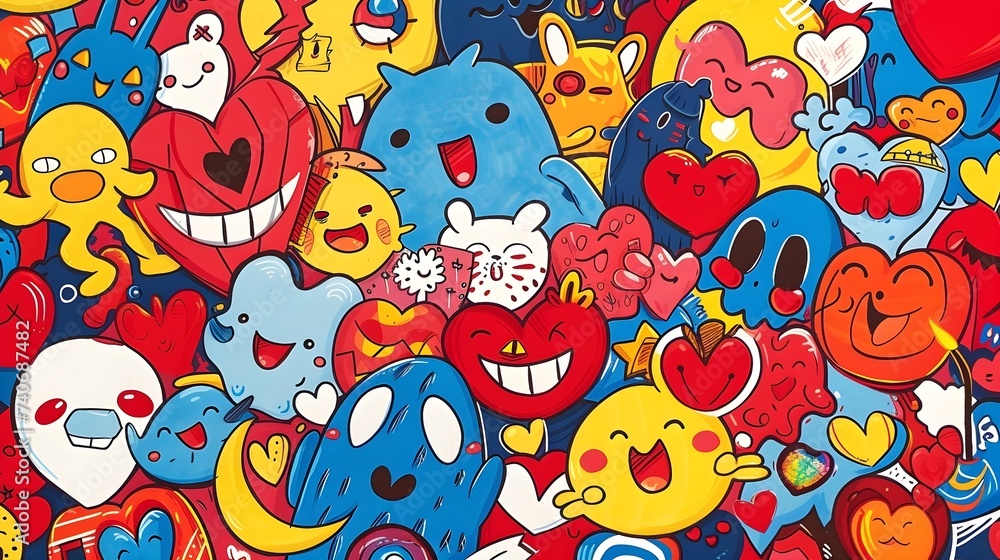 abstract red doodle with fully cute character background illustration abstract red doodle with fully cute character background illustration