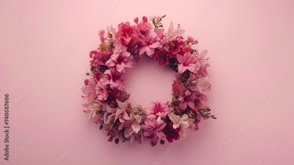 wreath of flowers on a pink background.