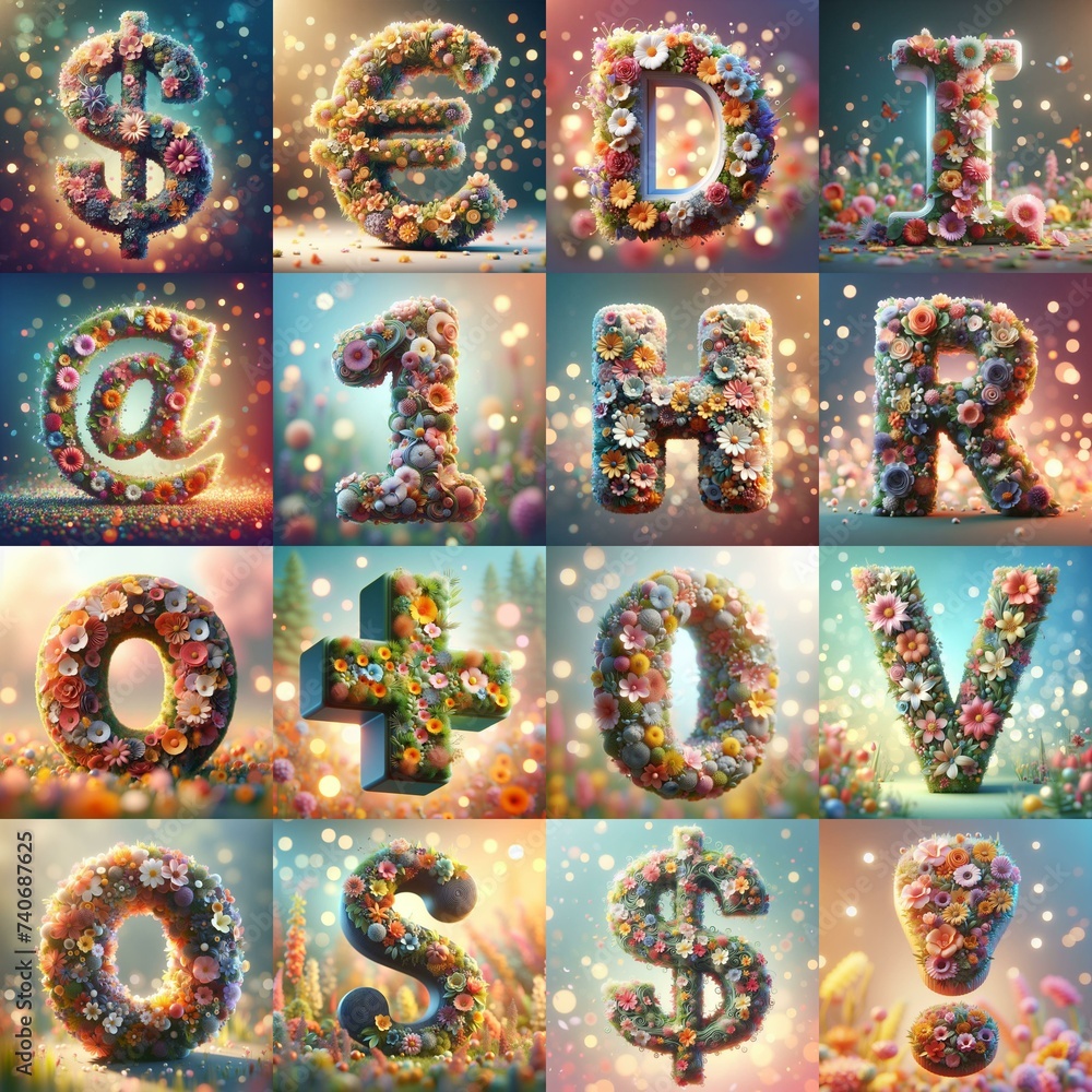 Naklejka premium Spring flowers 3D Lettering Typeface. AI generated illustration