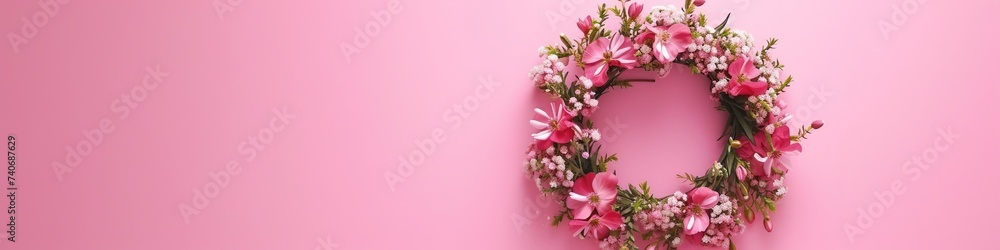 wreath of flowers on a pink background.