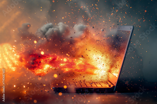 Laptop computer on fire due to a fault or its lithium battery overheating and exploding causing a thermal runaway which will now need a malfunction repair, stock illustration image