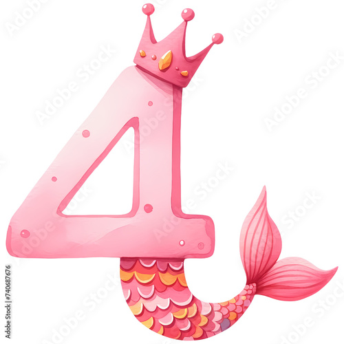 Pink Mermaid Tail Number Four Illustration a whimsical with a mermaid tail and crown, perfect for birthday themes and invitations.