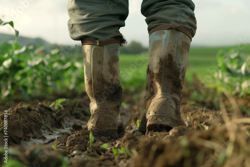 old brown farming boots of a man standing in a muddy field Generative AI